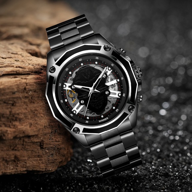 Zegarek męski Steampunk czarny ze stali nierdzewnej ruch mechaniczny szkieletowy - Zwycięzca 2019 - Wianko - 90