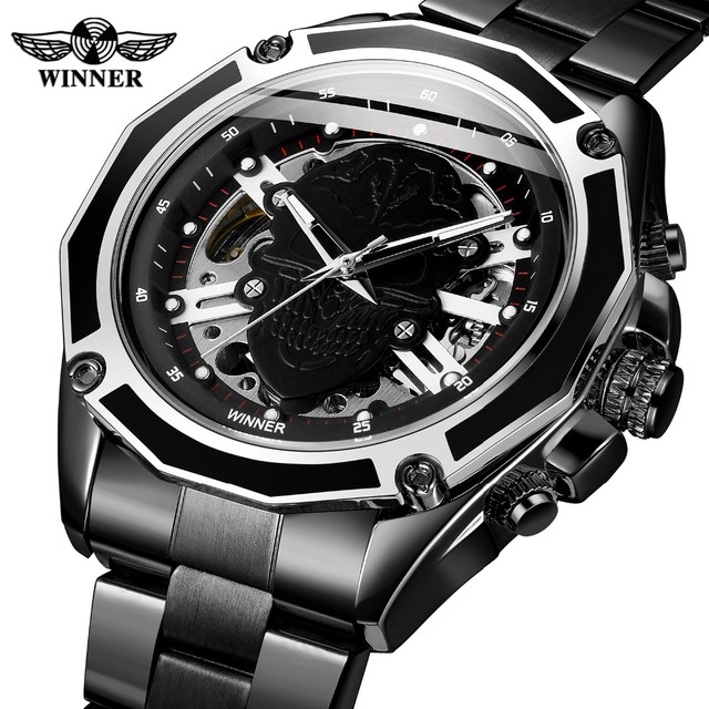 Zegarek męski Steampunk czarny ze stali nierdzewnej ruch mechaniczny szkieletowy - Zwycięzca 2019 - Wianko - 20