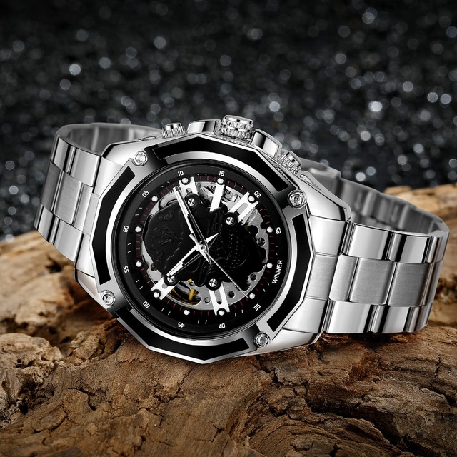 Zegarek męski Steampunk czarny ze stali nierdzewnej ruch mechaniczny szkieletowy - Zwycięzca 2019 - Wianko - 49