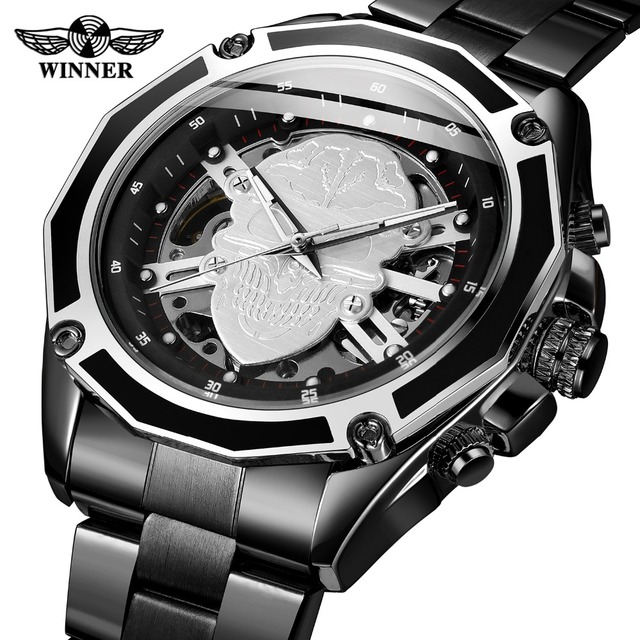 Zegarek męski Steampunk czarny ze stali nierdzewnej ruch mechaniczny szkieletowy - Zwycięzca 2019 - Wianko - 100