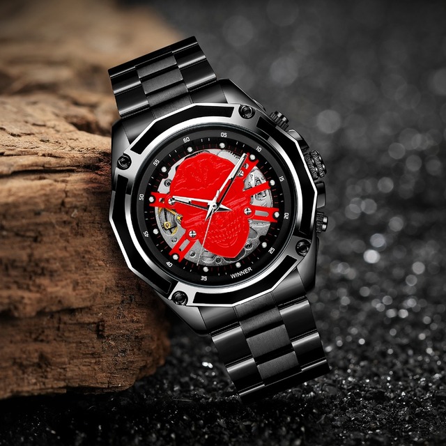Zegarek męski Steampunk czarny ze stali nierdzewnej ruch mechaniczny szkieletowy - Zwycięzca 2019 - Wianko - 106