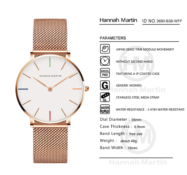 Hannah Martin - Luksusowy zegarek damski w stylu DW, siatka ze stali nierdzewnej w różowym złocie, wodoodporny, kwarcowy - Wianko - 17