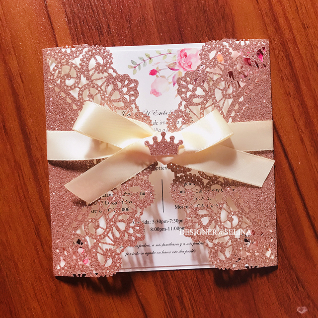 Zaproszenia ślubne Różowe Złoto z wiosennym kwiatowym motywem, drukowane laserowo, wycięte z eleganckim dodatkiem wstążki i kopertą DIY Quinceanera - 50 szt - Wianko - 2