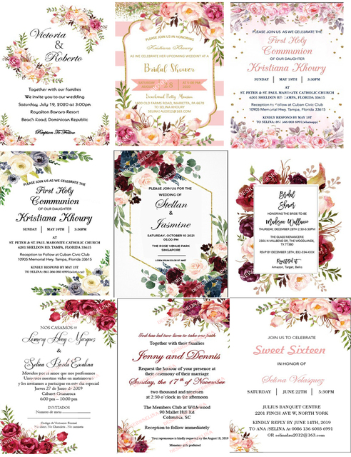 Zaproszenia ślubne Różowe Złoto z wiosennym kwiatowym motywem, drukowane laserowo, wycięte z eleganckim dodatkiem wstążki i kopertą DIY Quinceanera - 50 szt - Wianko - 9