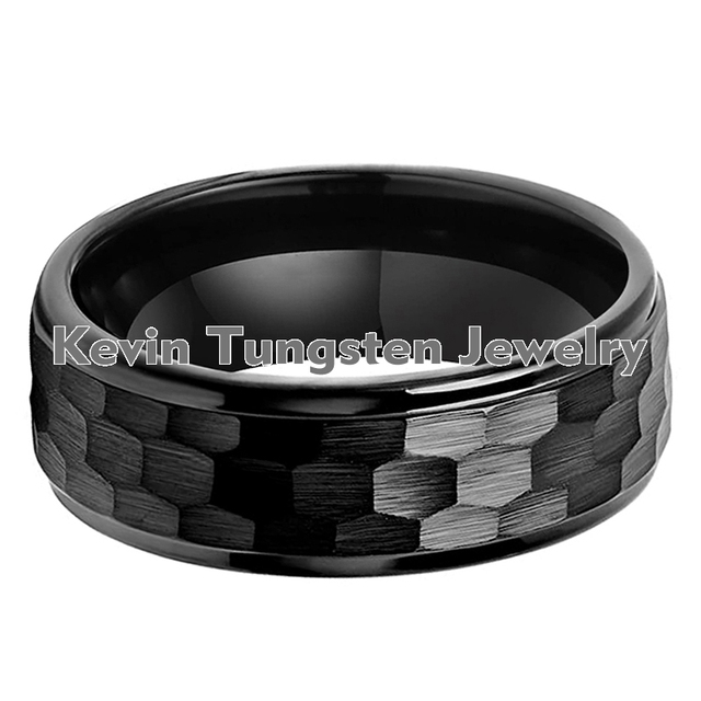 Obrączka Cool Hammer Ring czarna z wolframem, młotkowane szczotkowane wykończenie 6MM 8MM, komfortowe dopasowanie - Wianko - 1