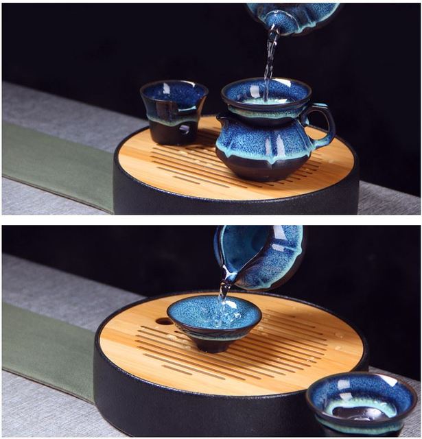 Zestaw herbaty KungFu: czajniczek, filtr, Fair cup i 6 filiżanek - autentyczne 9 sztuk, niebieski bursztynowy glazura Zisha ceramika/porcelanowa ceremonia herbaty prezent - Wianko - 10