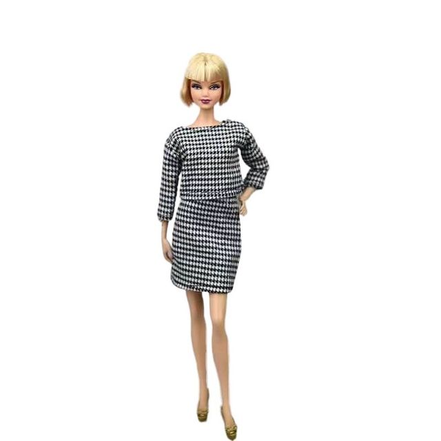 Ręcznie robione ubrania dla lalek Barbie - Houndstooth koszula z długim rękawem i spódnica w zestawie - 30cm - Wianko - 1