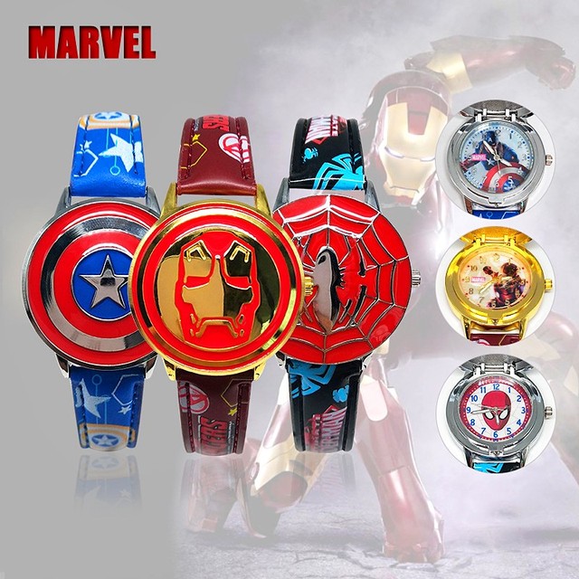 Zegarek kwarcowy dla dzieci Disney Marvel Spiderman Kapitan Ameryka Iron Man, wodoodporny, skórzany pasek, figurka zabawka, prezenty - Wianko - 1