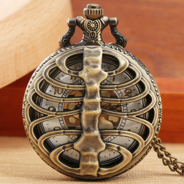 Zegarek kieszonkowy ze szkieletem Steampunk w kształcie brązowych żeberek i ażurową dekoracją - Wianko - 1