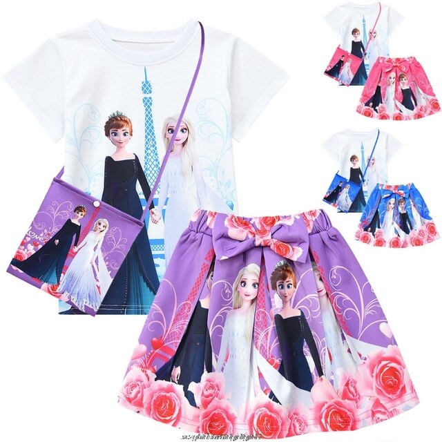 Zestaw odzieżowy dla dziewczynek Disney Frozen - Top z krótkim rękawem, spódnica z nadrukiem kreskówki i torba (4 sztuki) - Wianko - 3
