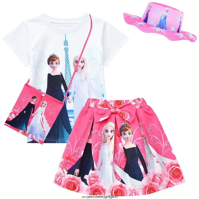 Zestaw odzieżowy dla dziewczynek Disney Frozen - Top z krótkim rękawem, spódnica z nadrukiem kreskówki i torba (4 sztuki) - Wianko - 2