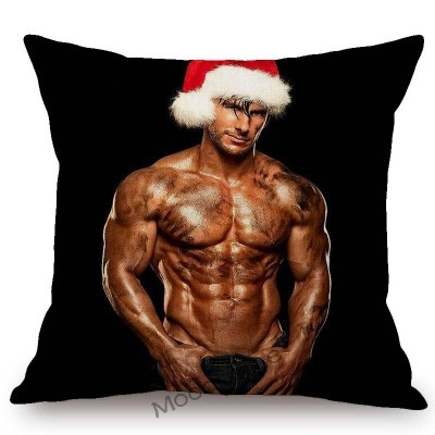 Poszewka na poduszkę lniana - świętego Mikołaja z czerwonym motywem świątecznym i muskularnym mężczyzną w stroju sportowym - Wianko - 8