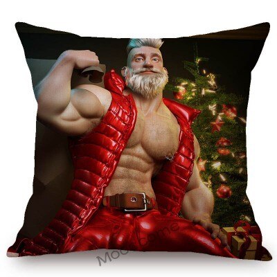 Poszewka na poduszkę lniana - świętego Mikołaja z czerwonym motywem świątecznym i muskularnym mężczyzną w stroju sportowym - Wianko - 4