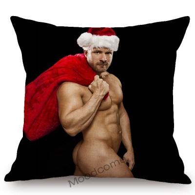 Poszewka na poduszkę lniana - świętego Mikołaja z czerwonym motywem świątecznym i muskularnym mężczyzną w stroju sportowym - Wianko - 7