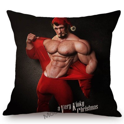 Poszewka na poduszkę lniana - świętego Mikołaja z czerwonym motywem świątecznym i muskularnym mężczyzną w stroju sportowym - Wianko - 3