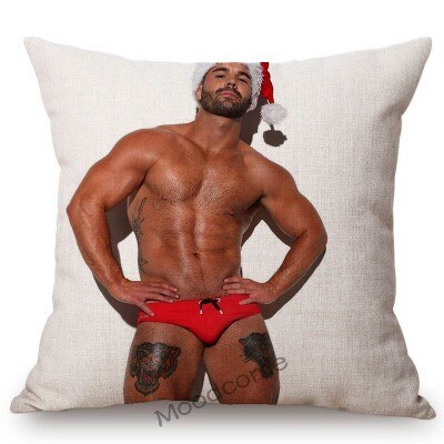 Poszewka na poduszkę lniana - świętego Mikołaja z czerwonym motywem świątecznym i muskularnym mężczyzną w stroju sportowym - Wianko - 12