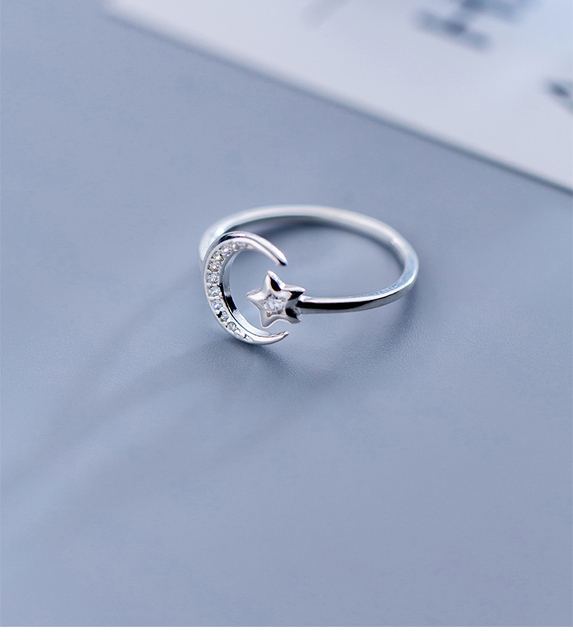 Modne pierścionki z regulowanym otwartym palcem serdecznym dla kobiet w czystej srebrnej biżuterii 925 Sterling Silver z mieniącą się gwiazdą i księżycem - Wianko - 2