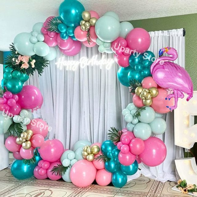 Zestaw letnich balonów łukowych w tropikalnym stylu - różowy, niebieski, zielony - dekoracje urodzinowe Aloha Party Girl - Wianko - 1