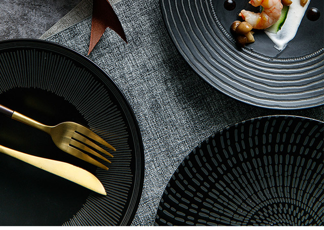 Ceramiczny talerz restauracyjny w europejskim stylu FANCITY, czarny, do serwowania dań, z płytką patelnią, idealny na steki, makaron i dim sum - Wianko - 9