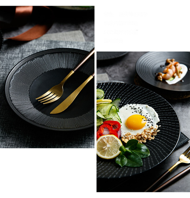 Ceramiczny talerz restauracyjny w europejskim stylu FANCITY, czarny, do serwowania dań, z płytką patelnią, idealny na steki, makaron i dim sum - Wianko - 5
