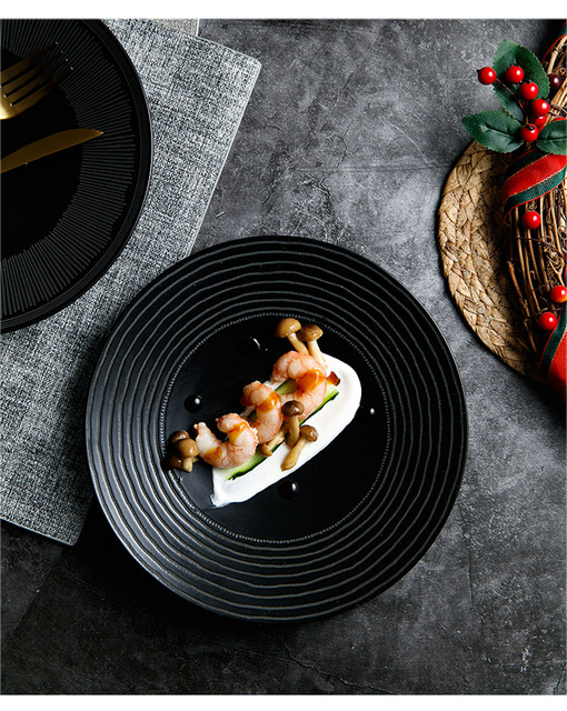 Ceramiczny talerz restauracyjny w europejskim stylu FANCITY, czarny, do serwowania dań, z płytką patelnią, idealny na steki, makaron i dim sum - Wianko - 6