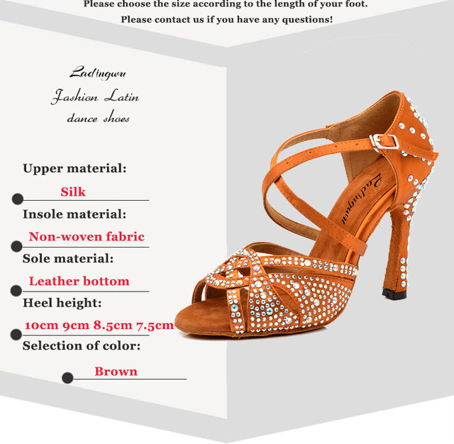 Nowe buty do tańca dla kobiet Latin Ladingwu z wysokim obcasem 10 cm, zdobione laserem, kamykami Rhinestone i satynowym materiałem w kolorze brązowym, idealne na imprezę i taniec towarzyski - Wianko - 3