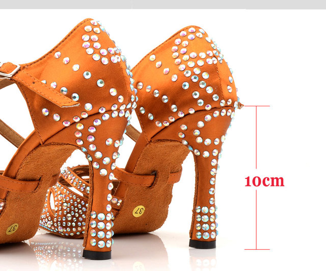 Nowe buty do tańca dla kobiet Latin Ladingwu z wysokim obcasem 10 cm, zdobione laserem, kamykami Rhinestone i satynowym materiałem w kolorze brązowym, idealne na imprezę i taniec towarzyski - Wianko - 6