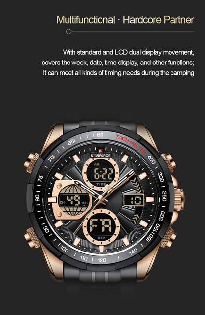 Męski zegarek NAVIFORCE ze stali nierdzewnej, wodoodporny, analogowy i cyfrowy z kalendarzem - Wianko - 7