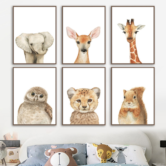 Obraz na płótnie ze zwierzętami dla dzieci - słoń, żyrafa, królik, lis, lew, niedźwiedź dla przedszkola i pokoju dziecięcego - Wianko - 2