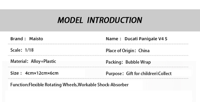 Model Ducat Panigale V4 S 1:18 - odlew ze stopu, z działającym amortyzatorem - idealna zabawka dla dzieci i kolekcjonerów - Wianko - 1