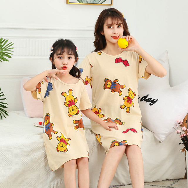 Letnia sukienka piżama dla mamy i córki - bawełniana koszula nocna z krótkim rękawem, pasująca dla rodziny - Wianko - 5