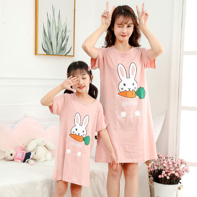 Letnia sukienka piżama dla mamy i córki - bawełniana koszula nocna z krótkim rękawem, pasująca dla rodziny - Wianko - 10