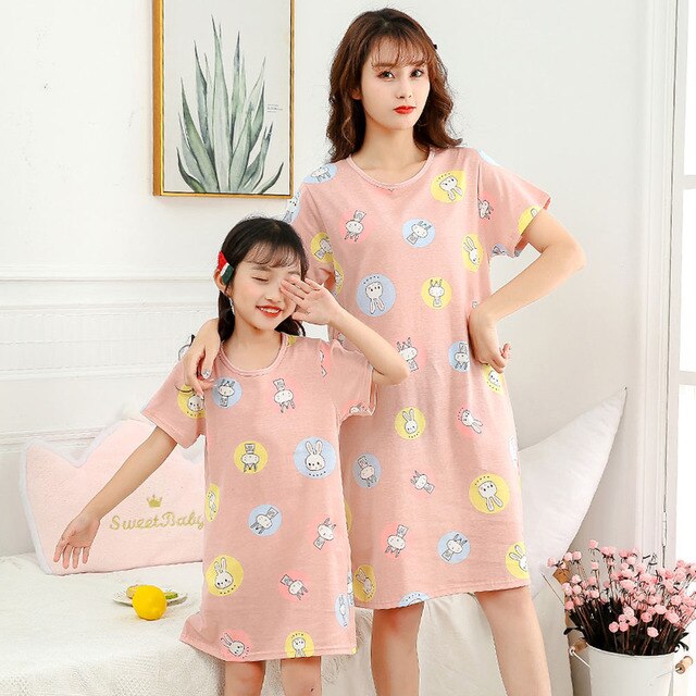 Letnia sukienka piżama dla mamy i córki - bawełniana koszula nocna z krótkim rękawem, pasująca dla rodziny - Wianko - 14