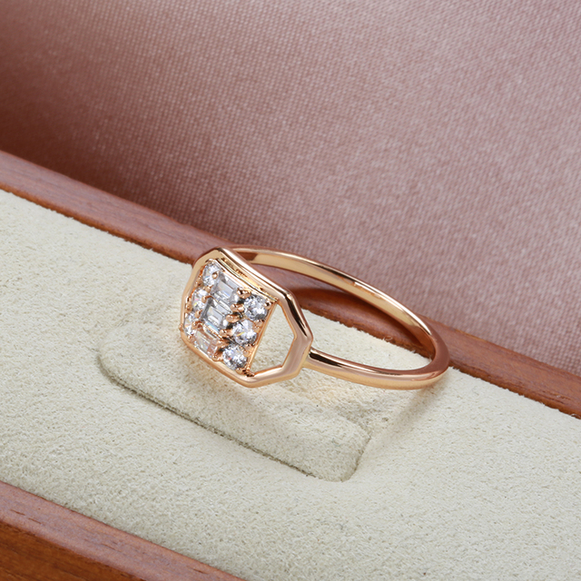 Pierścień damski Inlay Natural z białymi kryształami w kształcie geometrycznym, wykonany ze złota 585 w kolorze różowym - biżuteria ślubna - Wianko - 6