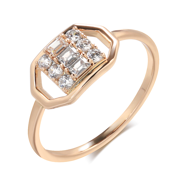 Pierścień damski Inlay Natural z białymi kryształami w kształcie geometrycznym, wykonany ze złota 585 w kolorze różowym - biżuteria ślubna - Wianko - 8