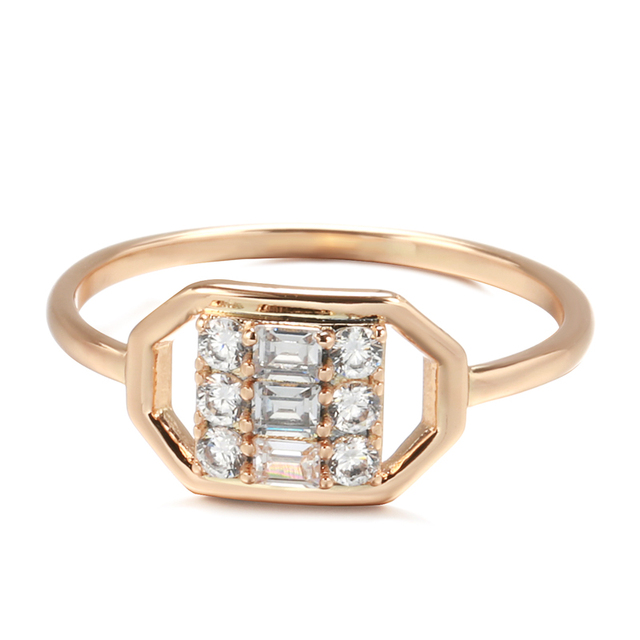 Pierścień damski Inlay Natural z białymi kryształami w kształcie geometrycznym, wykonany ze złota 585 w kolorze różowym - biżuteria ślubna - Wianko - 7