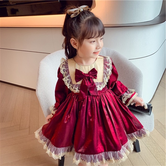 Sukienka Lolita wino czerwone, długie rękawy, dla dziewczynek - jesienne ubrania 2021, kwiatowy motyw - Wianko - 9