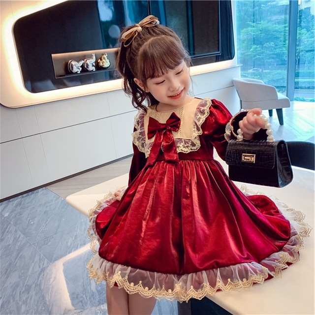 Sukienka Lolita wino czerwone, długie rękawy, dla dziewczynek - jesienne ubrania 2021, kwiatowy motyw - Wianko - 20
