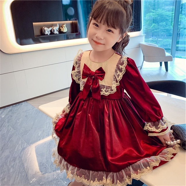 Sukienka Lolita wino czerwone, długie rękawy, dla dziewczynek - jesienne ubrania 2021, kwiatowy motyw - Wianko - 12