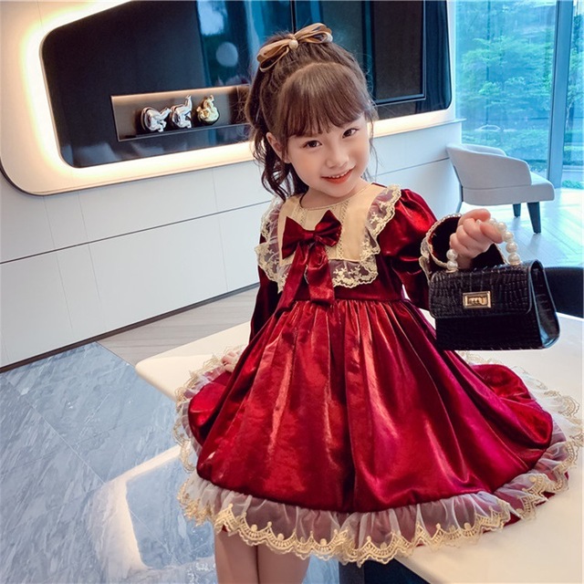Sukienka Lolita wino czerwone, długie rękawy, dla dziewczynek - jesienne ubrania 2021, kwiatowy motyw - Wianko - 19