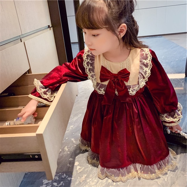 Sukienka Lolita wino czerwone, długie rękawy, dla dziewczynek - jesienne ubrania 2021, kwiatowy motyw - Wianko - 13