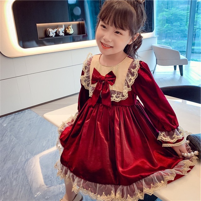 Sukienka Lolita wino czerwone, długie rękawy, dla dziewczynek - jesienne ubrania 2021, kwiatowy motyw - Wianko - 21