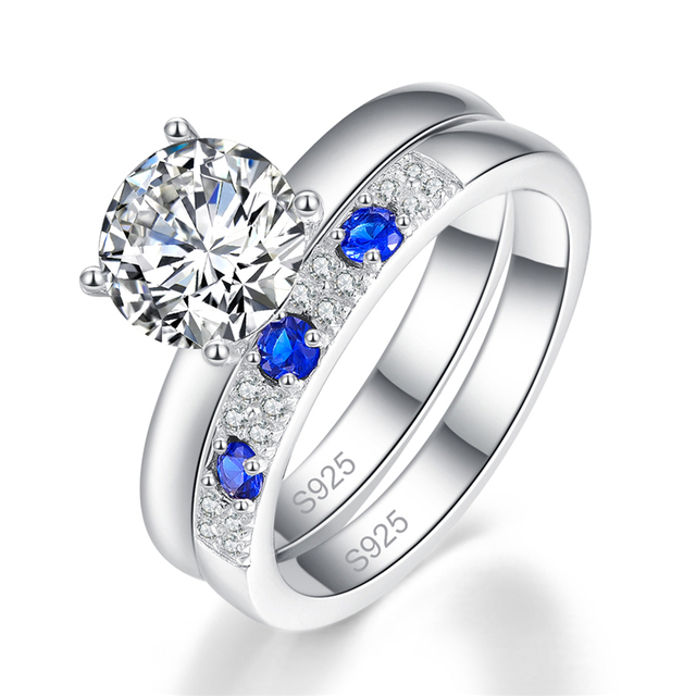 Nowoczesne, białe pierścionki ślubne w stylu nowoczesnym z białym cyrkoniami i szafirami, wykonane w 100% ze srebra S925 - Wianko - 1