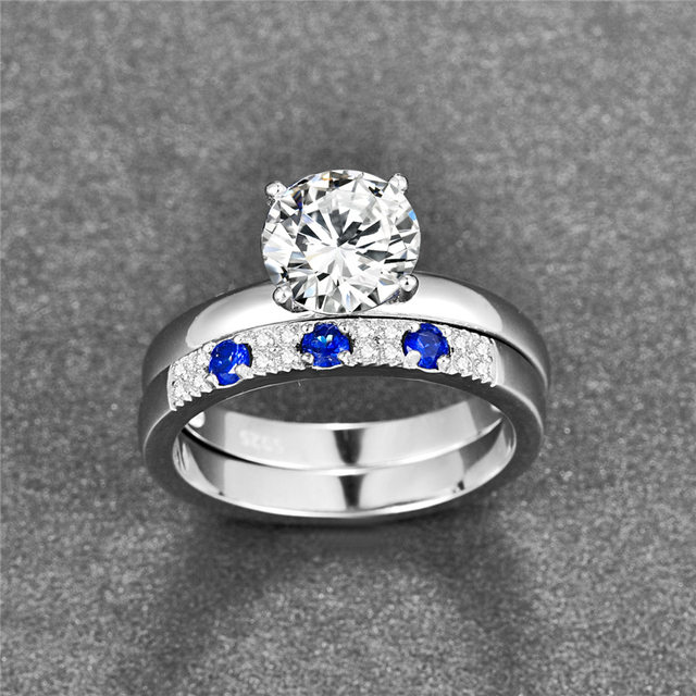 Nowoczesne, białe pierścionki ślubne w stylu nowoczesnym z białym cyrkoniami i szafirami, wykonane w 100% ze srebra S925 - Wianko - 3