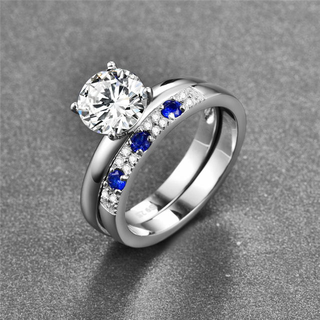 Nowoczesne, białe pierścionki ślubne w stylu nowoczesnym z białym cyrkoniami i szafirami, wykonane w 100% ze srebra S925 - Wianko - 4