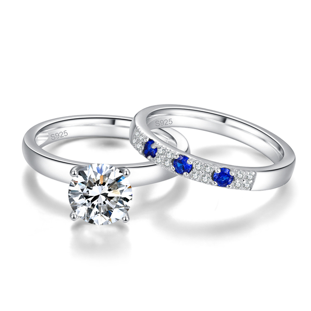 Nowoczesne, białe pierścionki ślubne w stylu nowoczesnym z białym cyrkoniami i szafirami, wykonane w 100% ze srebra S925 - Wianko - 2