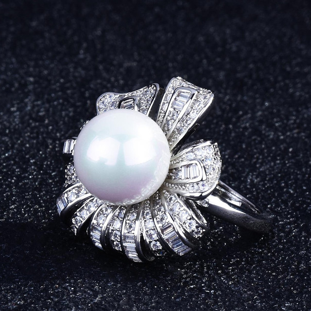 Luksusowy pierścień z białą biżuterią ze złotym wypełnieniem - Haute Couture perła i kryształ cyrkon diamenty kamienie szlachetne 18k - Wianko - 19