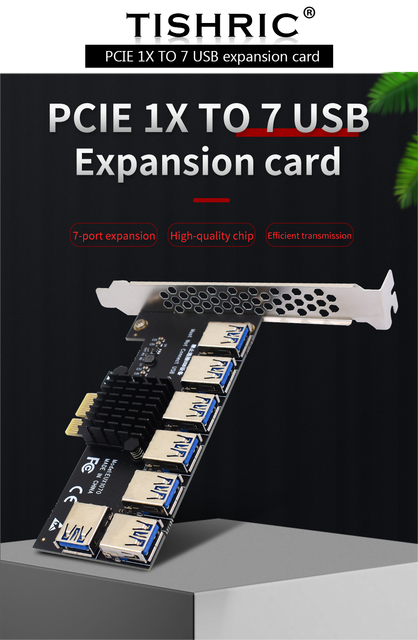 TISHRIC PCIE 1 do 7 gniazdo USB 3.0 PCI Express mnożnik wzmacniacz karty Riser PCIE 1X do 16X Riser 009S Adapter do bitcoinów górnictwoTytuł dopracowany:  Mnożnik USB 3.0 TISHRIC - Adapter PCIE 1 do 7, Riser 1X do 16X, do bitcoinów górnictwo - Wianko - 1