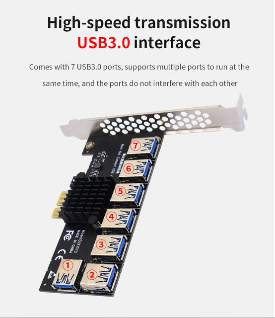 TISHRIC PCIE 1 do 7 gniazdo USB 3.0 PCI Express mnożnik wzmacniacz karty Riser PCIE 1X do 16X Riser 009S Adapter do bitcoinów górnictwoTytuł dopracowany:  Mnożnik USB 3.0 TISHRIC - Adapter PCIE 1 do 7, Riser 1X do 16X, do bitcoinów górnictwo - Wianko - 3