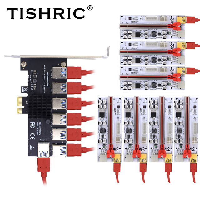 TISHRIC PCIE 1 do 7 gniazdo USB 3.0 PCI Express mnożnik wzmacniacz karty Riser PCIE 1X do 16X Riser 009S Adapter do bitcoinów górnictwoTytuł dopracowany:  Mnożnik USB 3.0 TISHRIC - Adapter PCIE 1 do 7, Riser 1X do 16X, do bitcoinów górnictwo - Wianko - 16